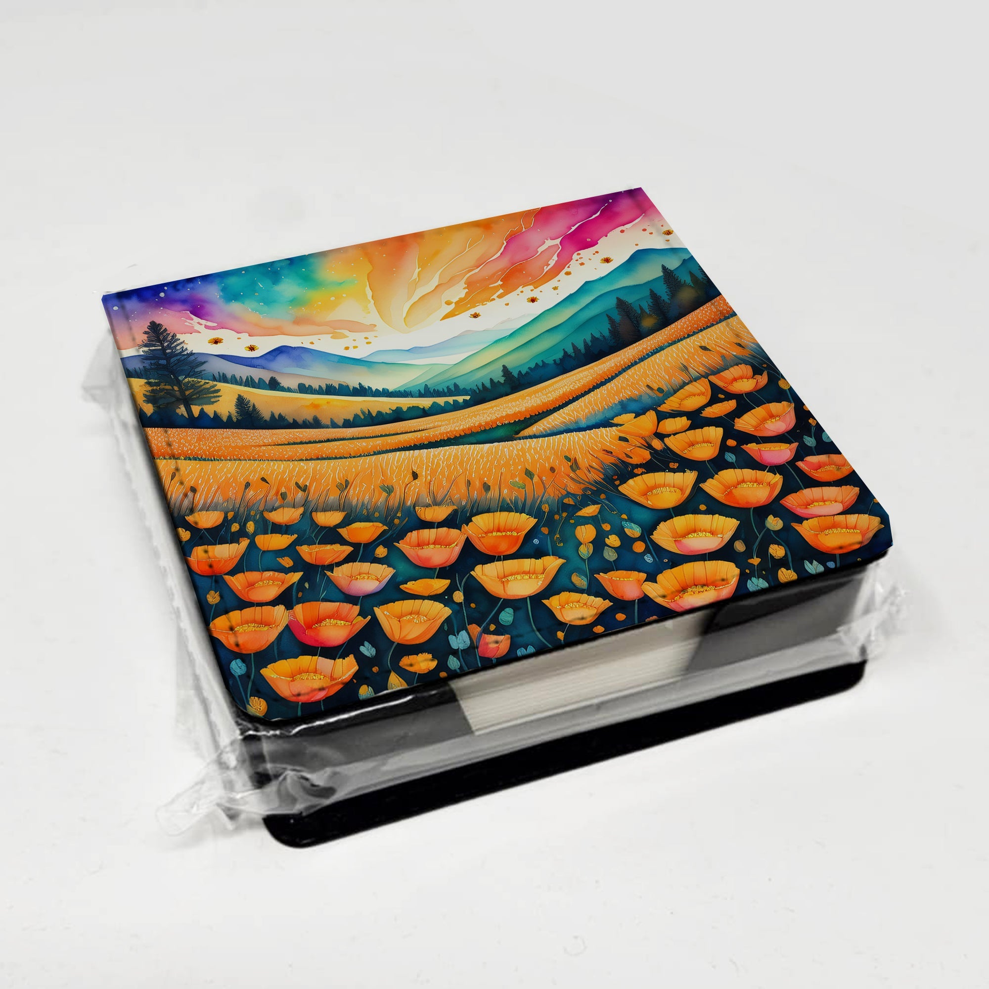 Colorful California poppies PU Leather Note Paper Holder with Artist-Designed Cover, Desk Accessory, Office Gift