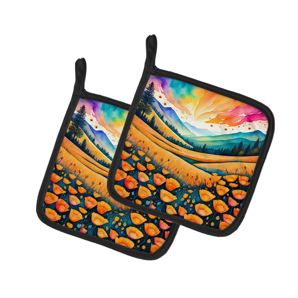 Colorful California poppies Pot Holder Set of 2 Heat Resistant Quilted Hot Pads 7.5 x 7.5 Inch, Insulated Kitchen Trivets for Cooking & Baking