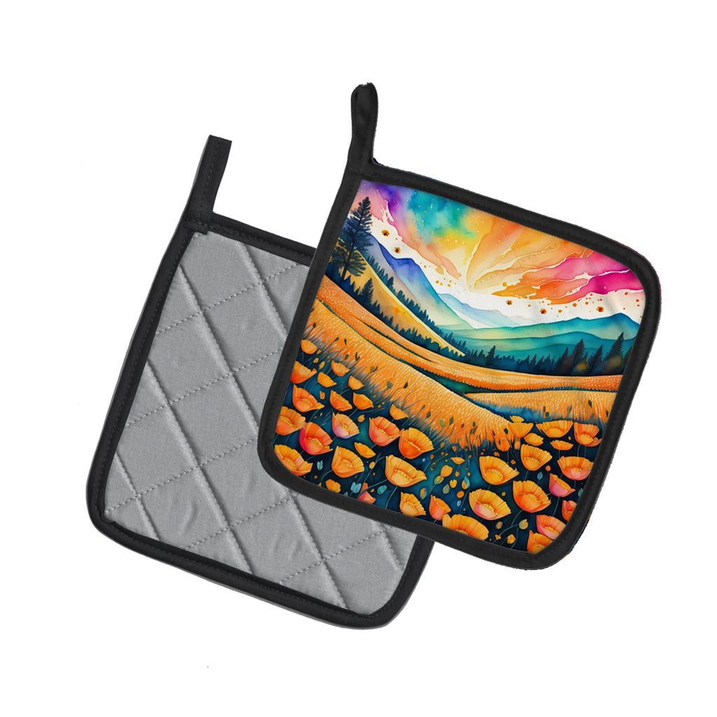 Colorful California poppies Pot Holder Set of 2 Heat Resistant Quilted Hot Pads 7.5 x 7.5 Inch, Insulated Kitchen Trivets for Cooking & Baking