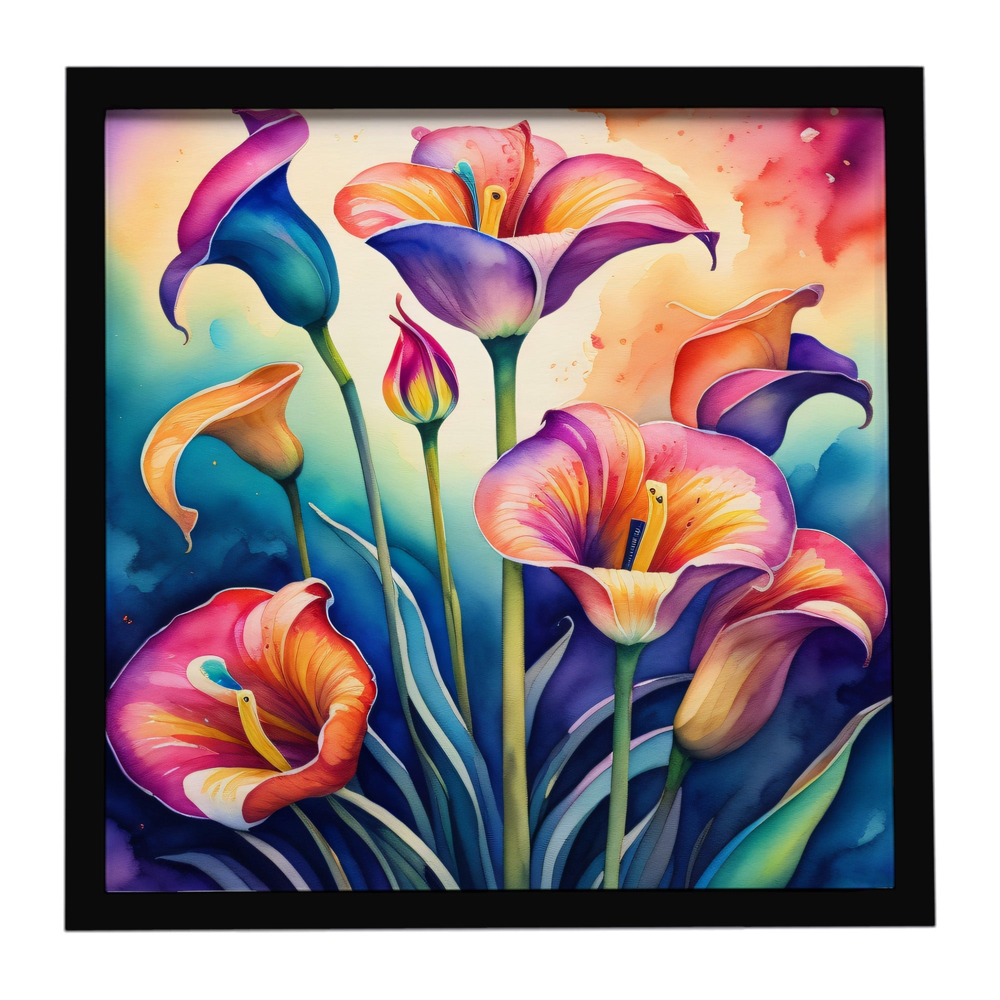 Colorful Calla Lilies Framed Metal Print Bathroom, Kitchen, Office, Home Decor Wall Art Ready to Hang, Square, 8X8