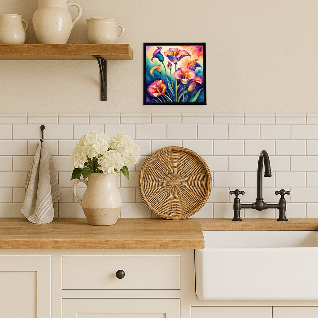 Colorful Calla Lilies Framed Metal Print Bathroom, Kitchen, Office, Home Decor Wall Art Ready to Hang, Square, 8X8