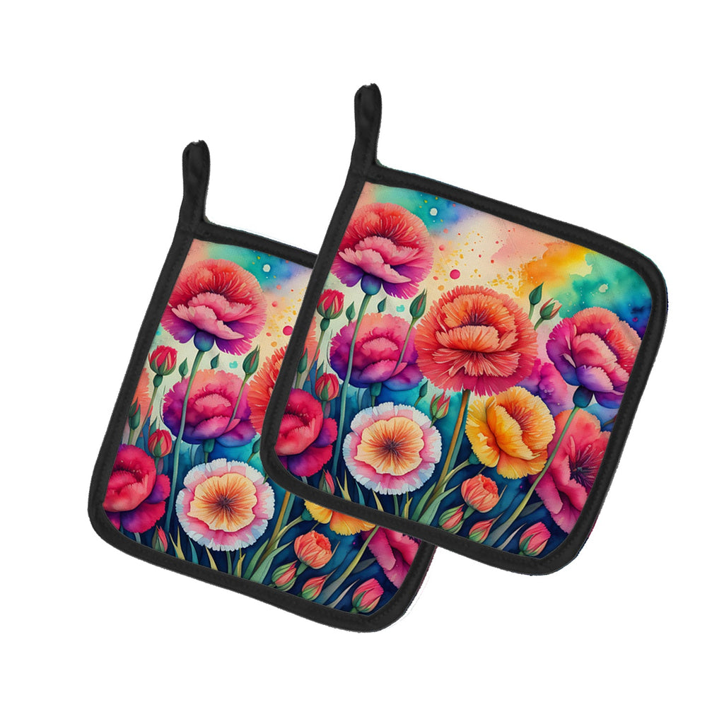 Colorful Carnations Pot Holder Set of 2 Heat Resistant Quilted Hot Pads 7.5 x 7.5 Inch, Insulated Kitchen Trivets for Cooking & Baking