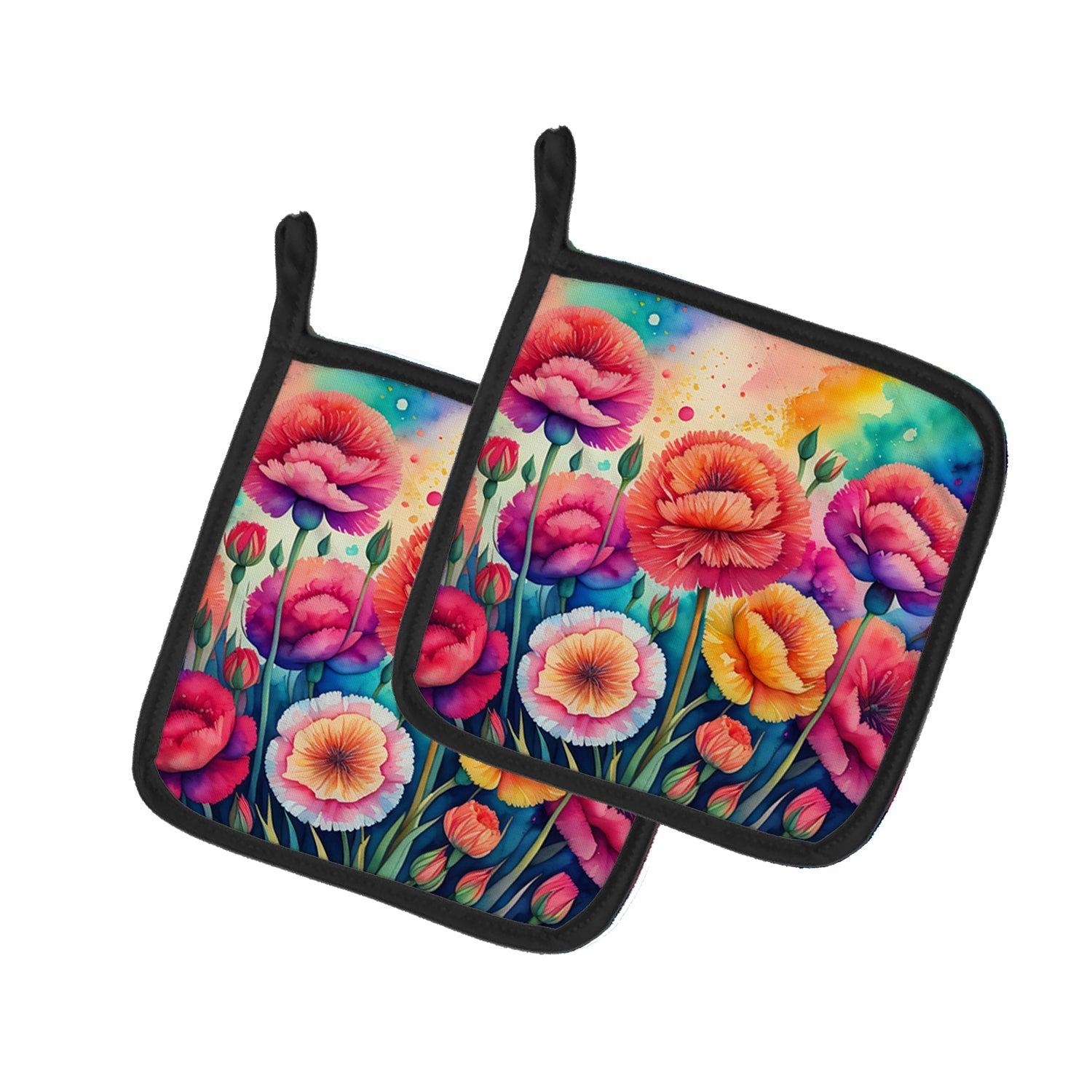 Colorful Carnations Pot Holder Set of 2 Heat Resistant Quilted Hot Pads 7.5 x 7.5 Inch, Insulated Kitchen Trivets for Cooking & Baking