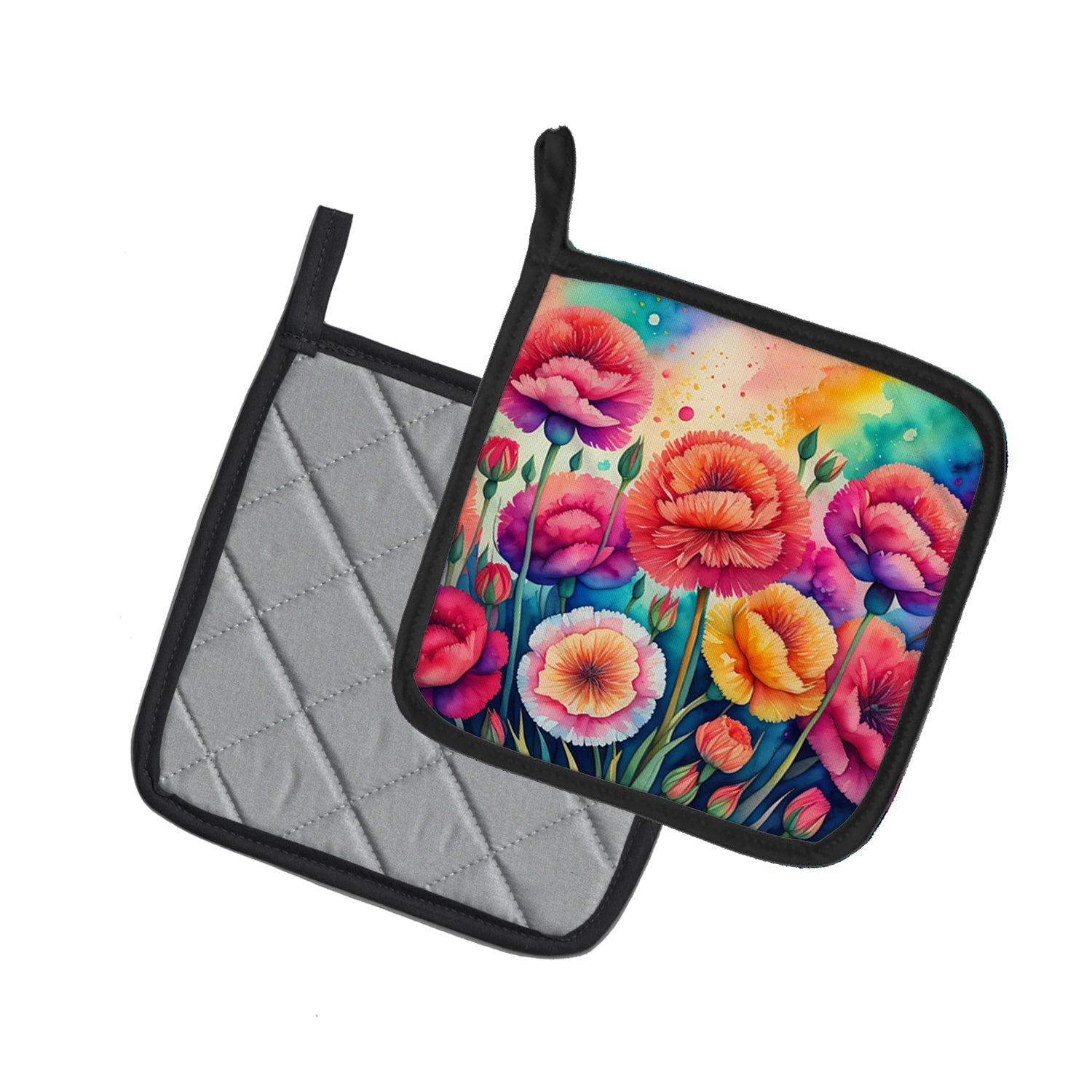 Colorful Carnations Pot Holder Set of 2 Heat Resistant Quilted Hot Pads 7.5 x 7.5 Inch, Insulated Kitchen Trivets for Cooking & Baking