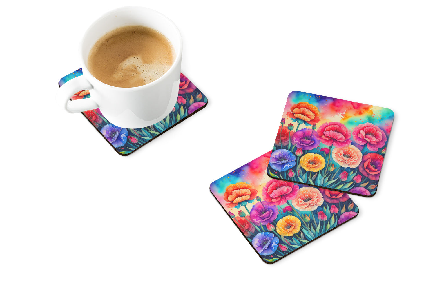 Colorful Carnations Foam Coasters Set of 4 Cup Coasters for Indoor Outdoor, Tabletop Protection, Anti Slip, Mouse pad Material