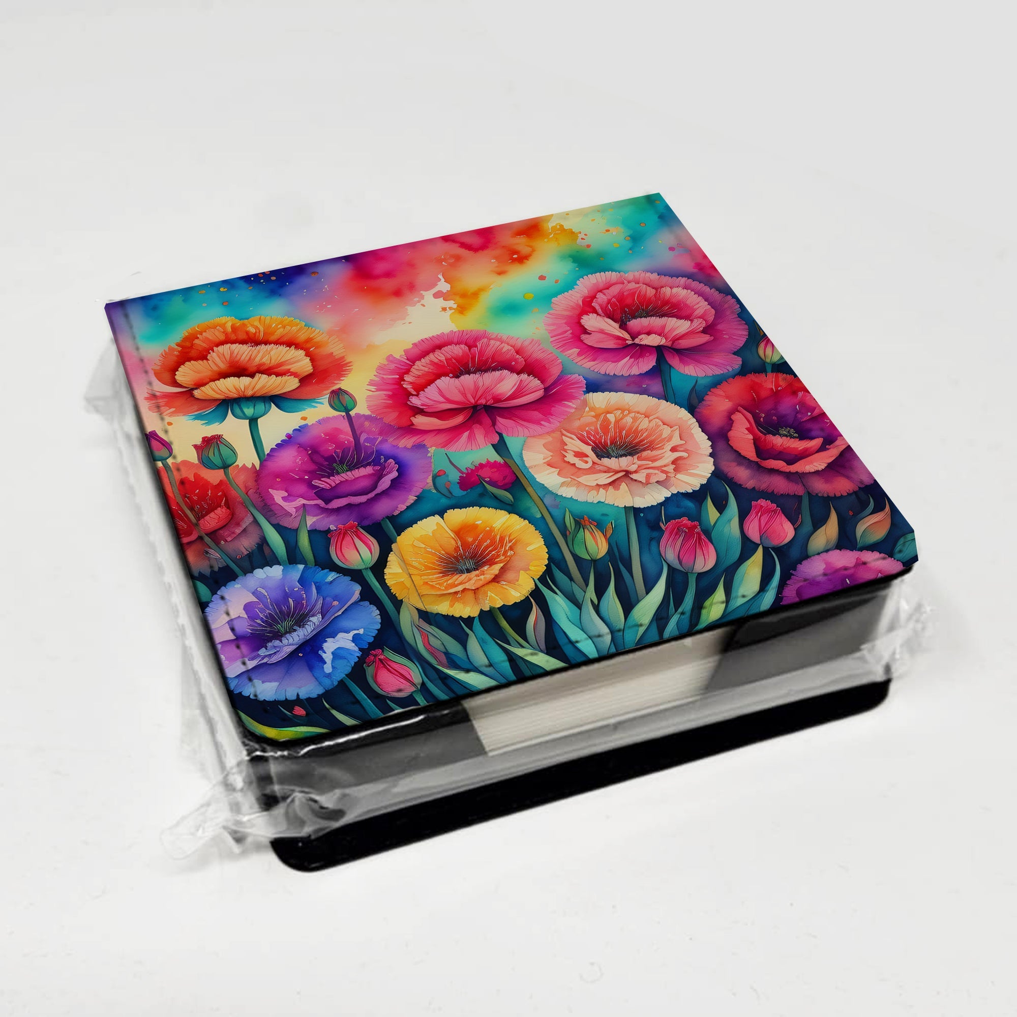 Colorful Carnations PU Leather Note Paper Holder with Artist-Designed Cover, Desk Accessory, Office Gift