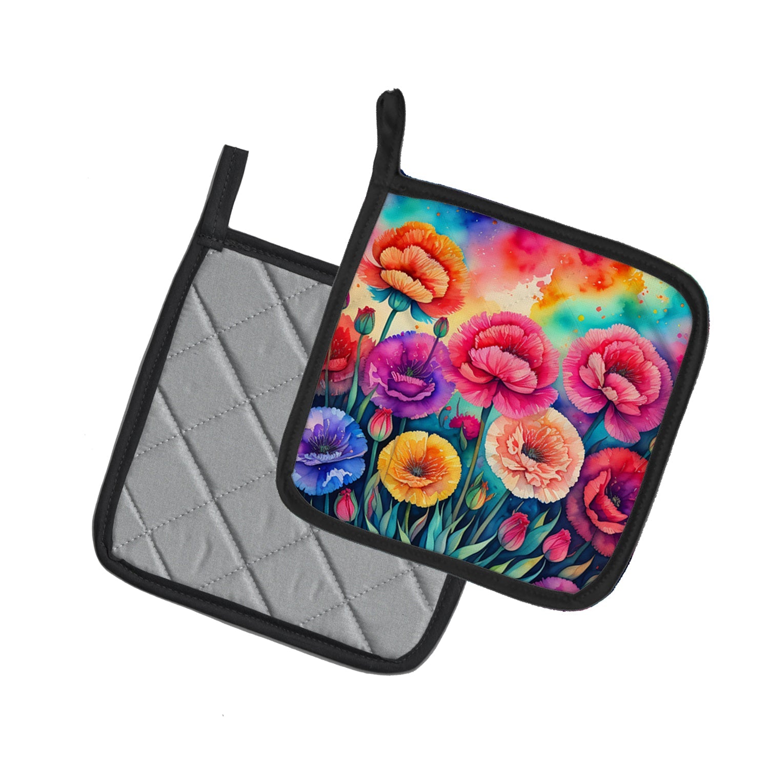 Colorful Carnations Pot Holder Set of 2 Heat Resistant Quilted Hot Pads 7.5 x 7.5 Inch, Insulated Kitchen Trivets for Cooking & Baking