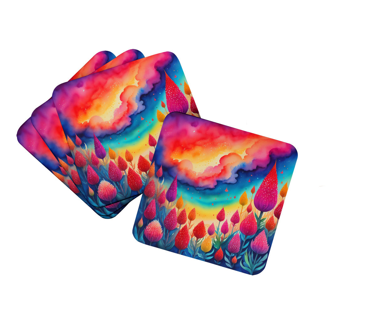 Colorful Celosia Foam Coasters Set of 4 Cup Coasters for Indoor Outdoor, Tabletop Protection, Anti Slip, Mouse pad Material