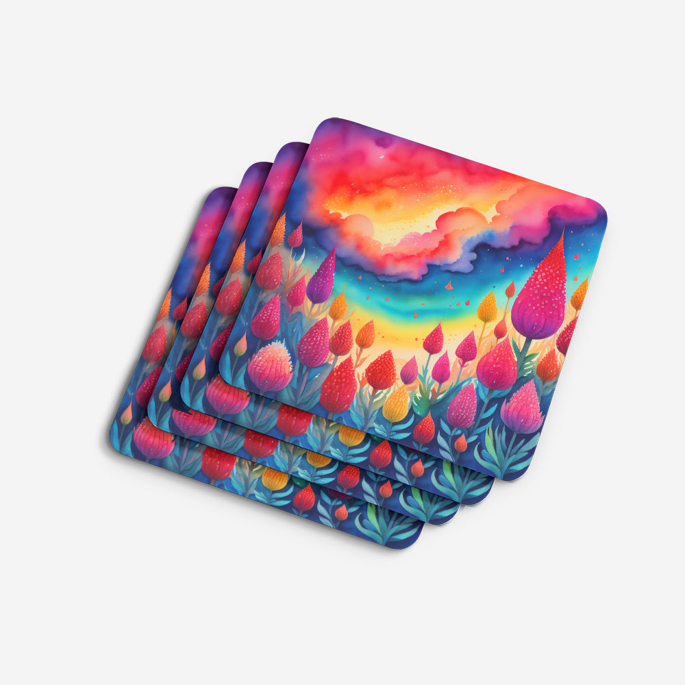 Colorful Celosia Foam Coasters Set of 4 Cup Coasters for Indoor Outdoor, Tabletop Protection, Anti Slip, Mouse pad Material