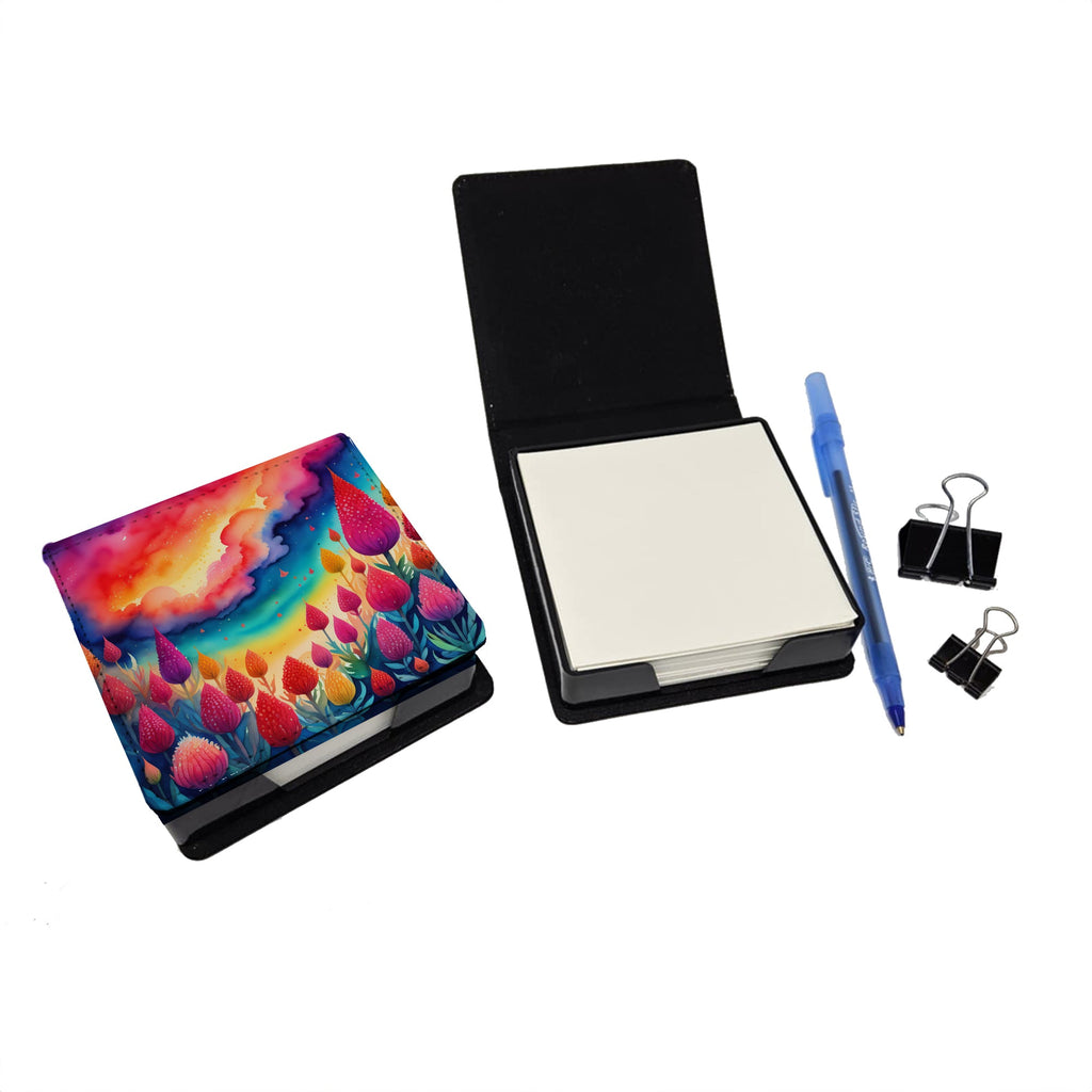 Colorful Celosia PU Leather Note Paper Holder with Artist-Designed Cover, Desk Accessory, Office Gift