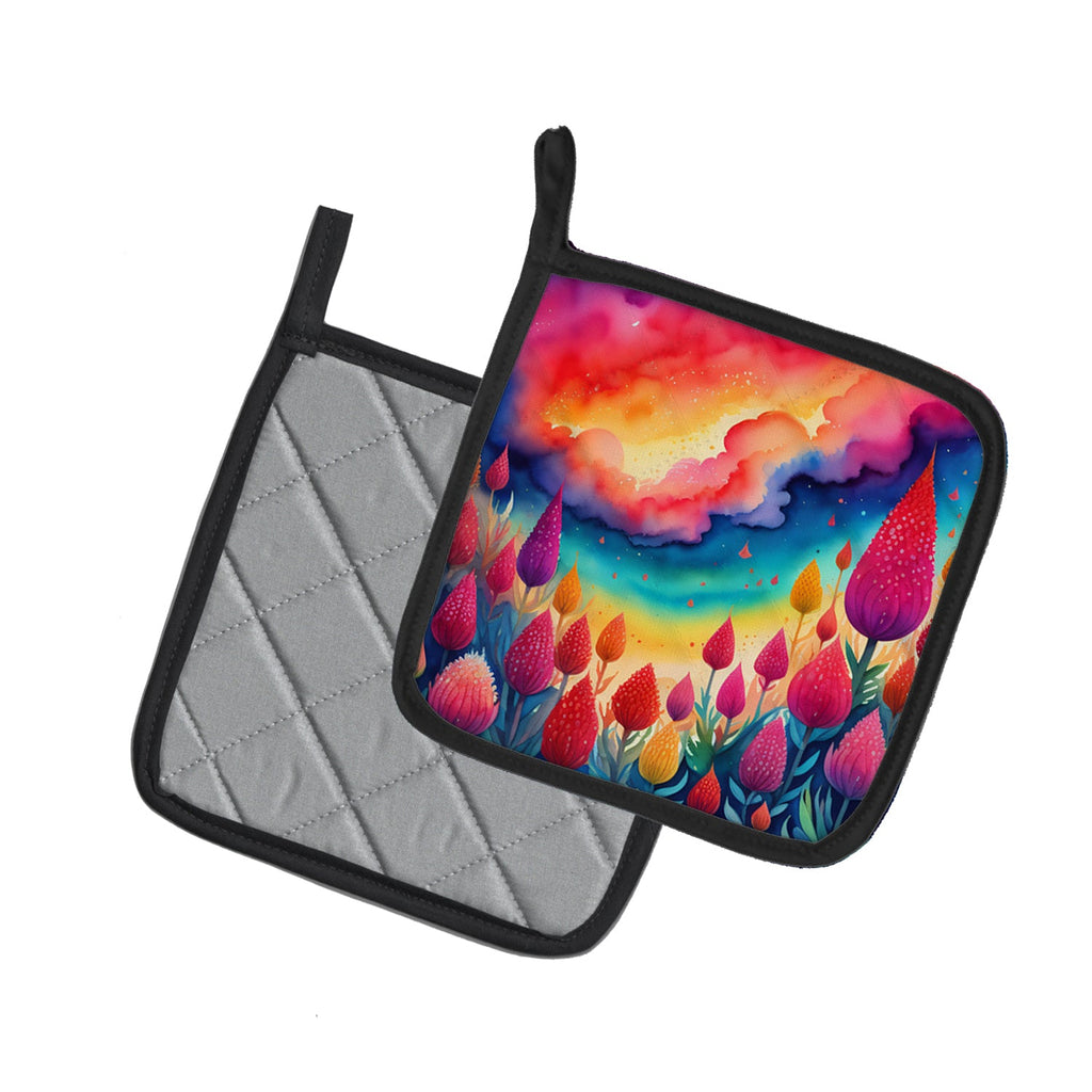 Colorful Celosia Pot Holder Set of 2 Heat Resistant Quilted Hot Pads 7.5 x 7.5 Inch, Insulated Kitchen Trivets for Cooking & Baking