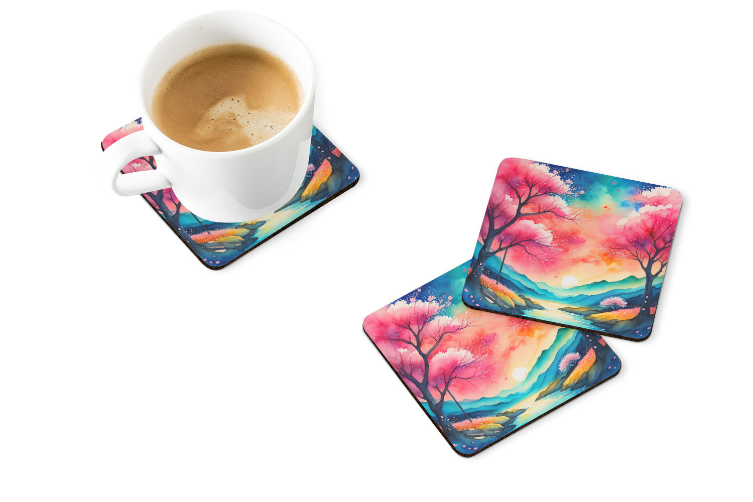 Colorful Cherry Blossoms Foam Coasters Set of 4 Cup Coasters for Indoor Outdoor, Tabletop Protection, Anti Slip, Mouse pad Material