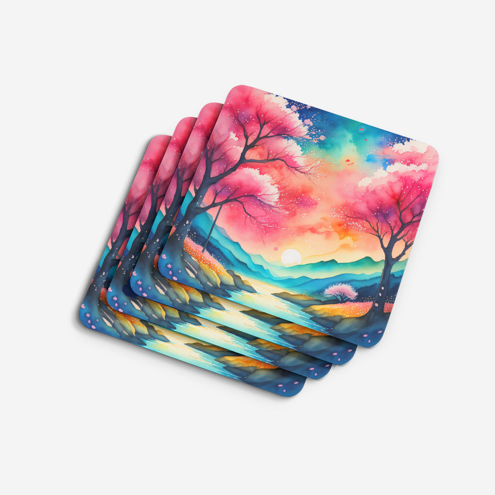 Colorful Cherry Blossoms Foam Coasters Set of 4 Cup Coasters for Indoor Outdoor, Tabletop Protection, Anti Slip, Mouse pad Material