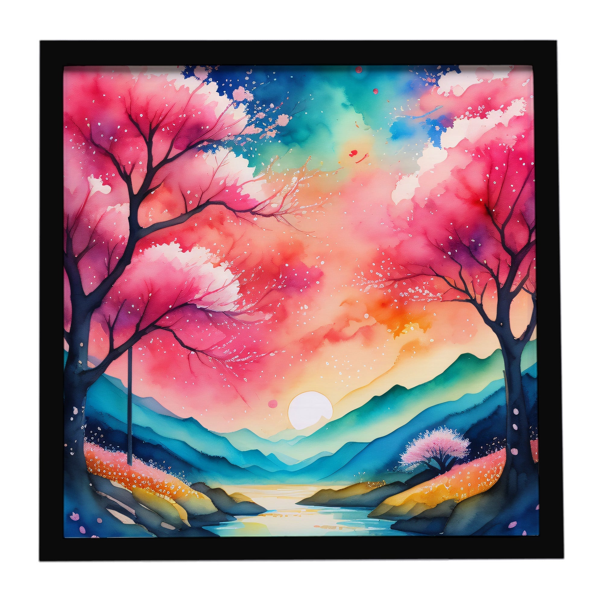 Colorful Cherry Blossoms Framed Metal Print Bathroom, Kitchen, Office, Home Decor Wall Art Ready to Hang, Square, 8X8