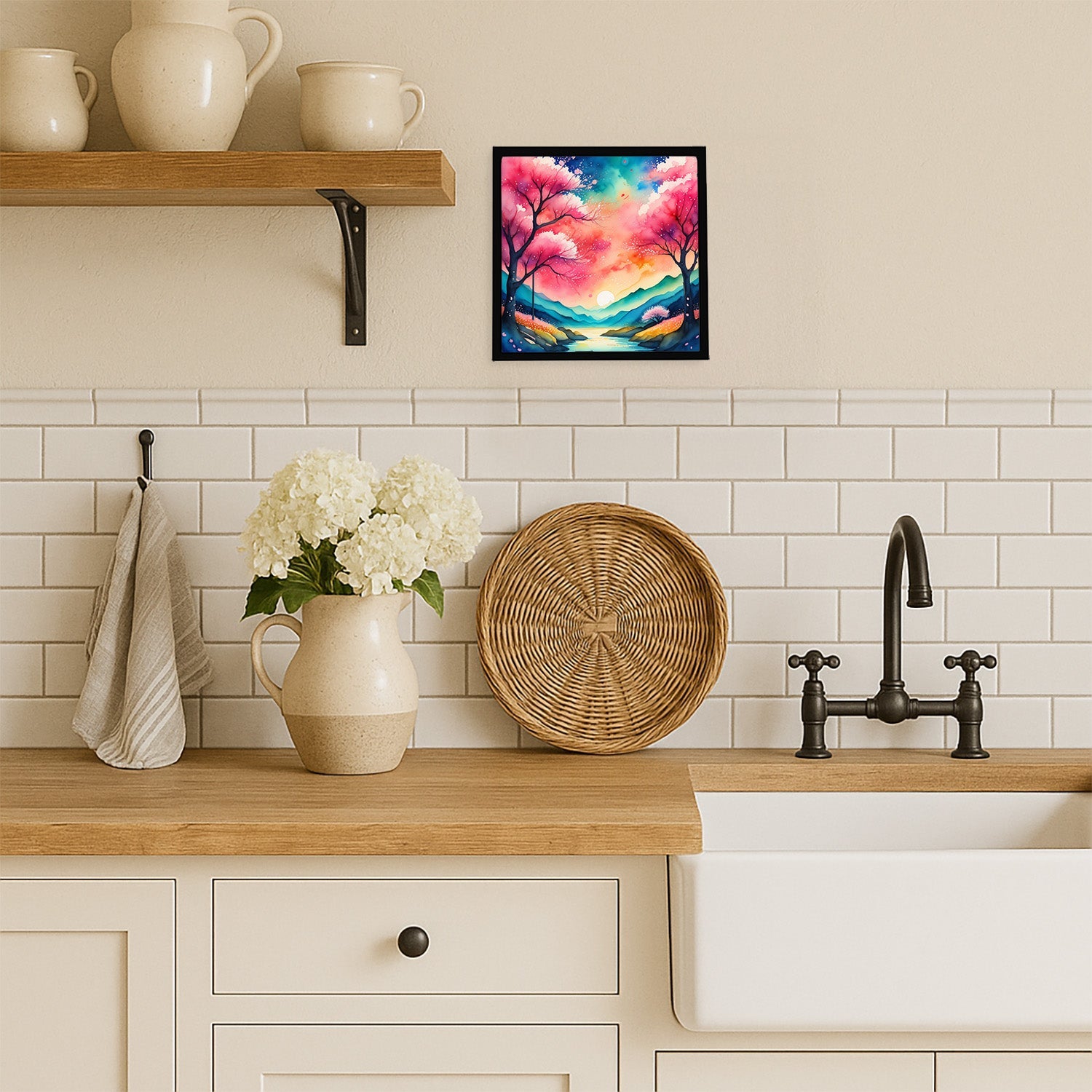 Colorful Cherry Blossoms Framed Metal Print Bathroom, Kitchen, Office, Home Decor Wall Art Ready to Hang, Square, 8X8