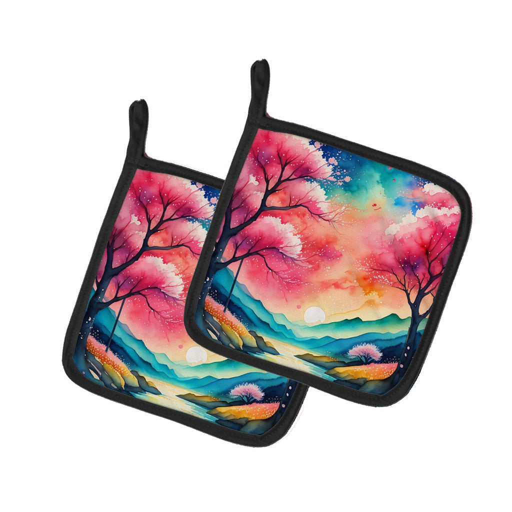 Colorful Cherry Blossoms Pot Holder Set of 2 Heat Resistant Quilted Hot Pads 7.5 x 7.5 Inch, Insulated Kitchen Trivets for Cooking & Baking