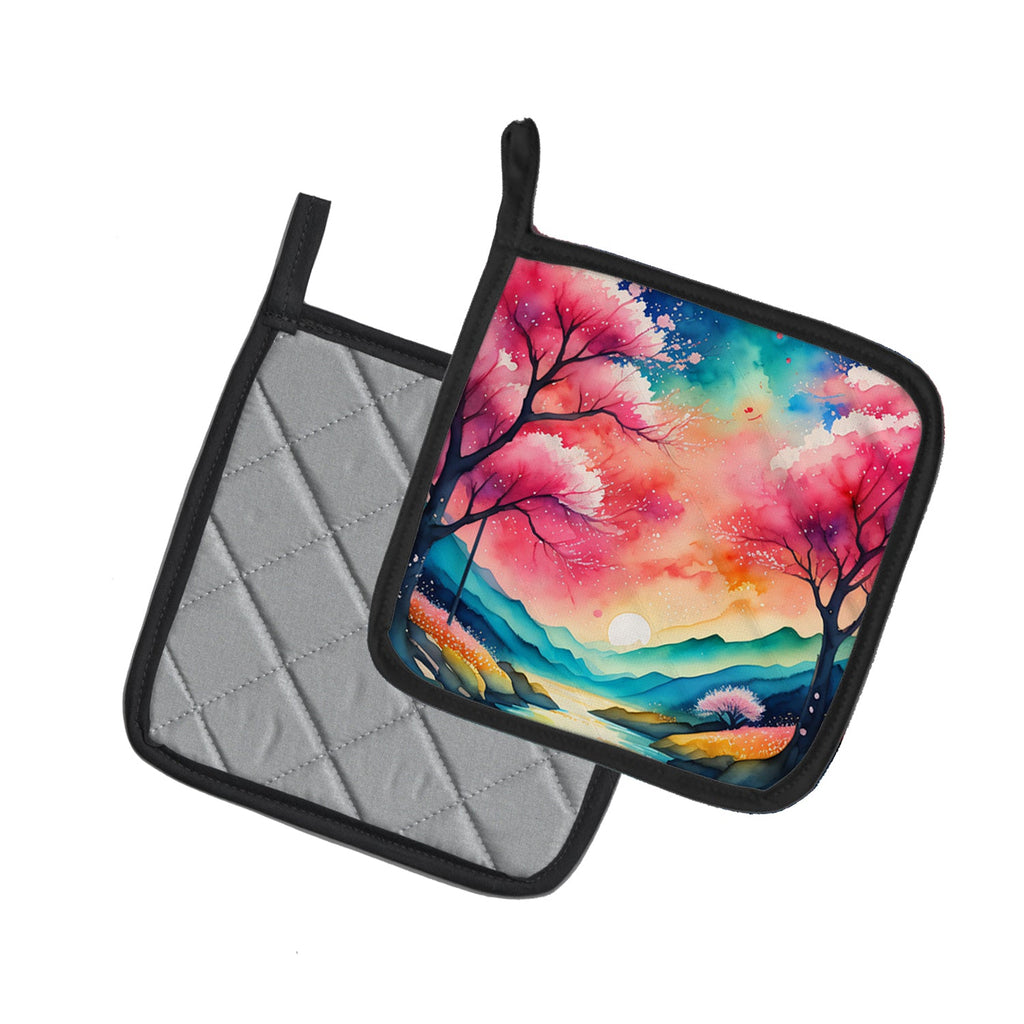 Colorful Cherry Blossoms Pot Holder Set of 2 Heat Resistant Quilted Hot Pads 7.5 x 7.5 Inch, Insulated Kitchen Trivets for Cooking & Baking