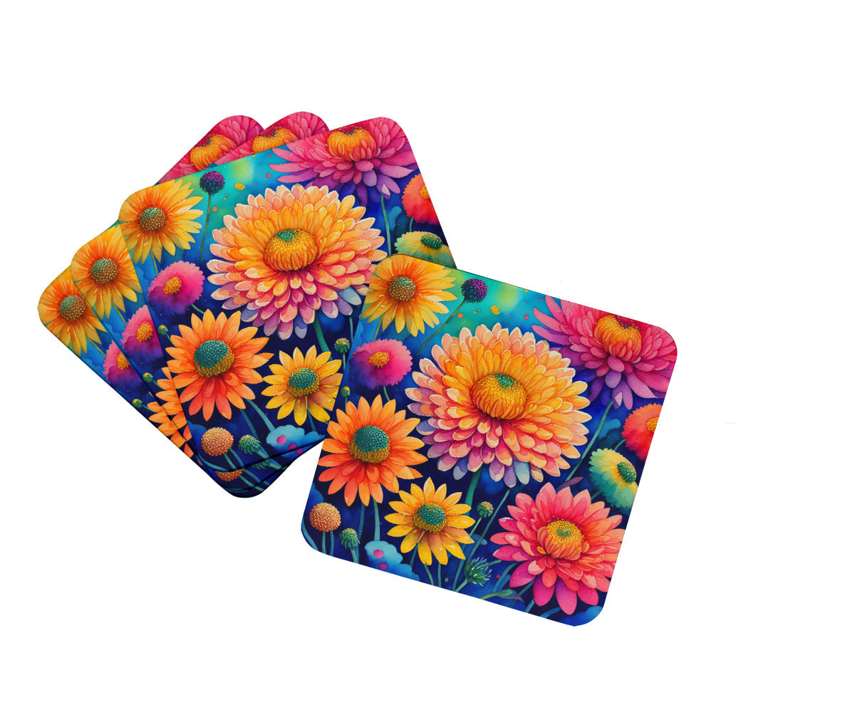 Colorful Chrysanthemums Foam Coasters Set of 4 Cup Coasters for Indoor Outdoor, Tabletop Protection, Anti Slip, Mouse pad Material