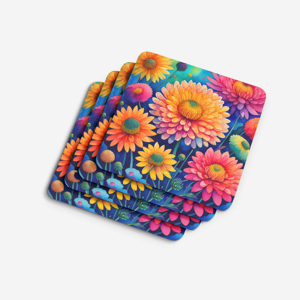 Colorful Chrysanthemums Foam Coasters Set of 4 Cup Coasters for Indoor Outdoor, Tabletop Protection, Anti Slip, Mouse pad Material