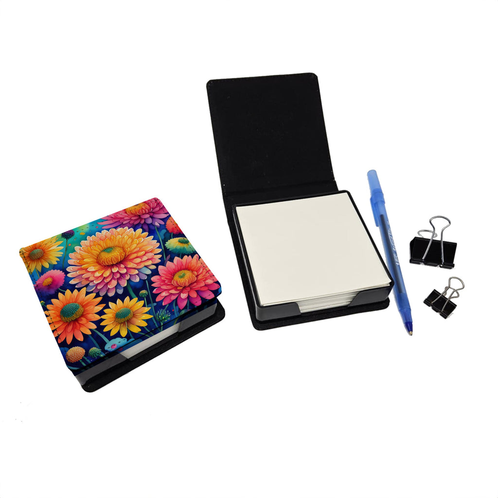 Colorful Chrysanthemums PU Leather Note Paper Holder with Artist-Designed Cover, Desk Accessory, Office Gift