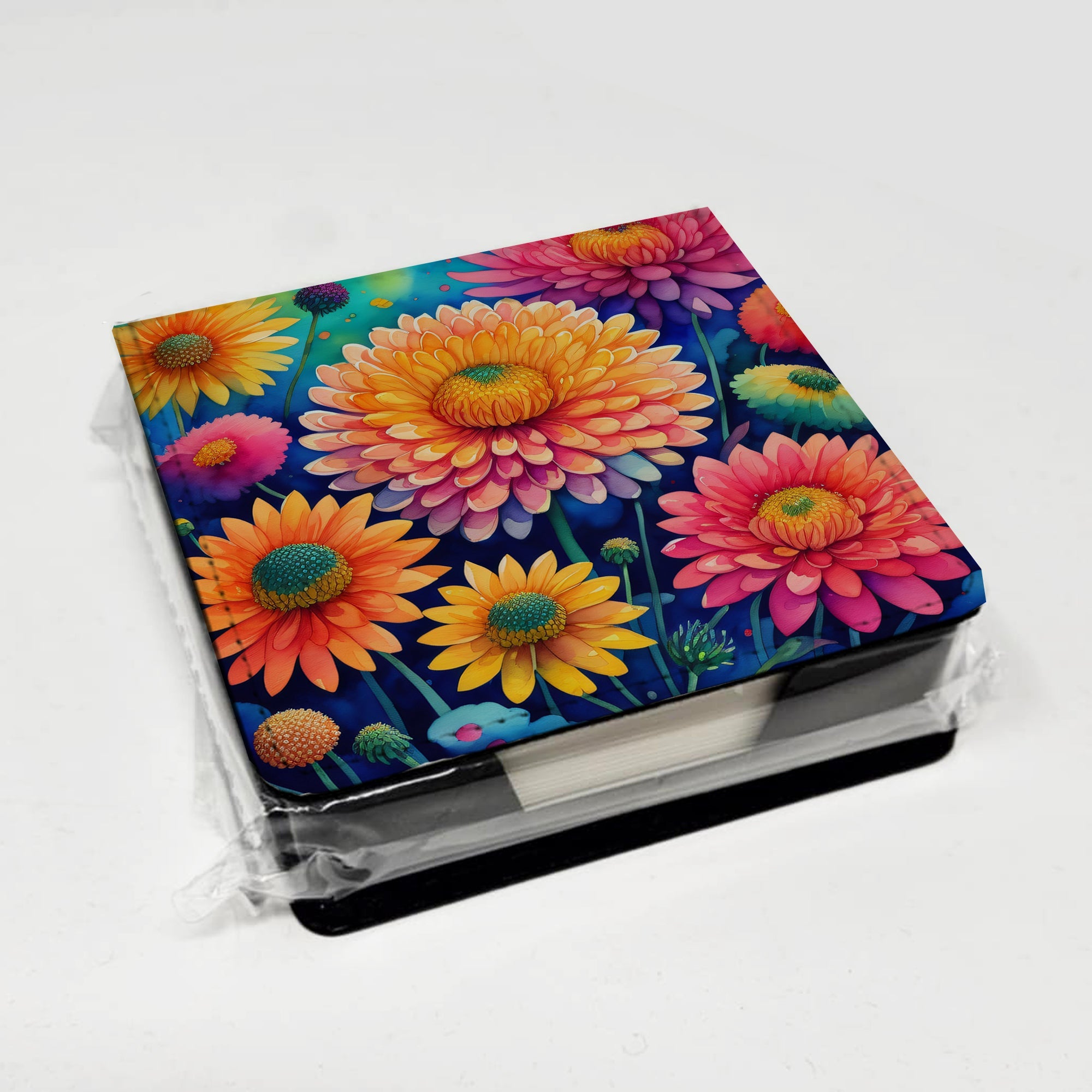 Colorful Chrysanthemums PU Leather Note Paper Holder with Artist-Designed Cover, Desk Accessory, Office Gift