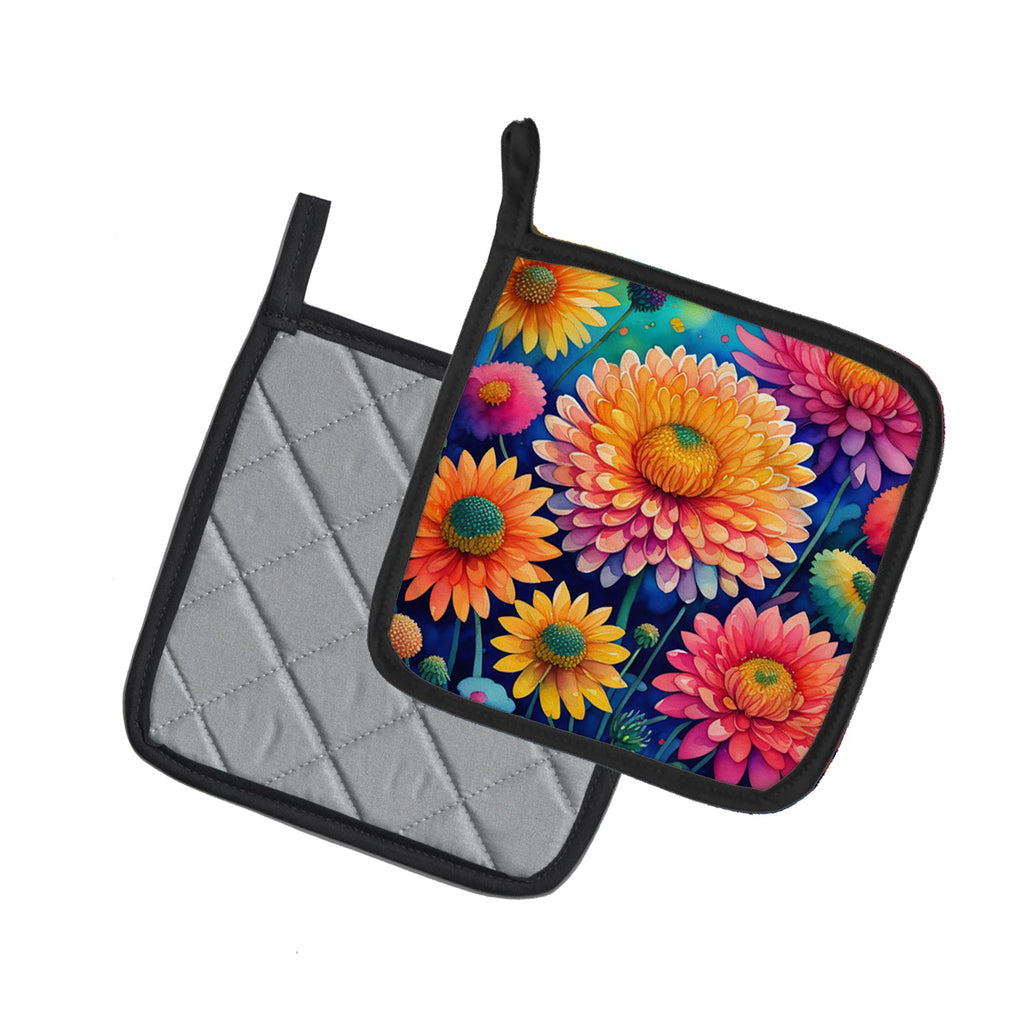 Colorful Chrysanthemums Pot Holder Set of 2 Heat Resistant Quilted Hot Pads 7.5 x 7.5 Inch, Insulated Kitchen Trivets for Cooking & Baking