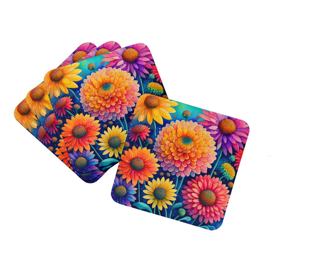 Colorful Chrysanthemums Foam Coasters Set of 4 Cup Coasters for Indoor Outdoor, Tabletop Protection, Anti Slip, Mouse pad Material