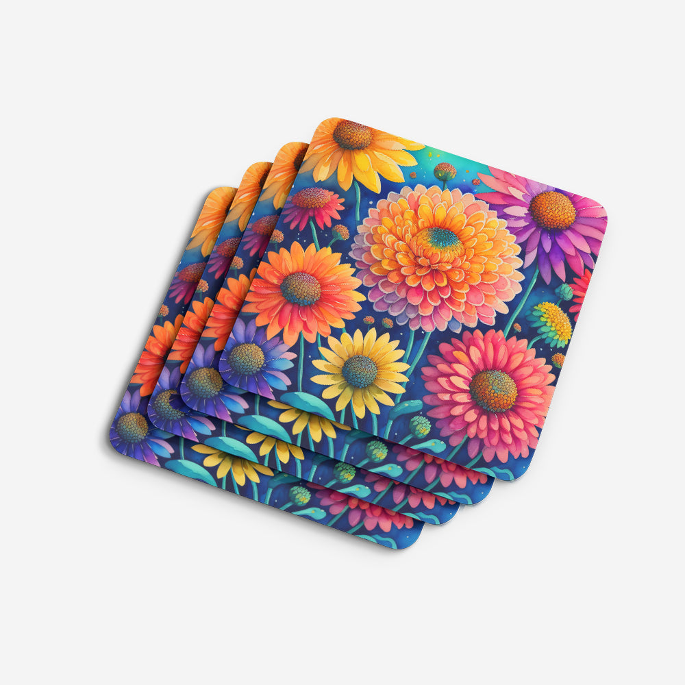 Colorful Chrysanthemums Foam Coasters Set of 4 Cup Coasters for Indoor Outdoor, Tabletop Protection, Anti Slip, Mouse pad Material