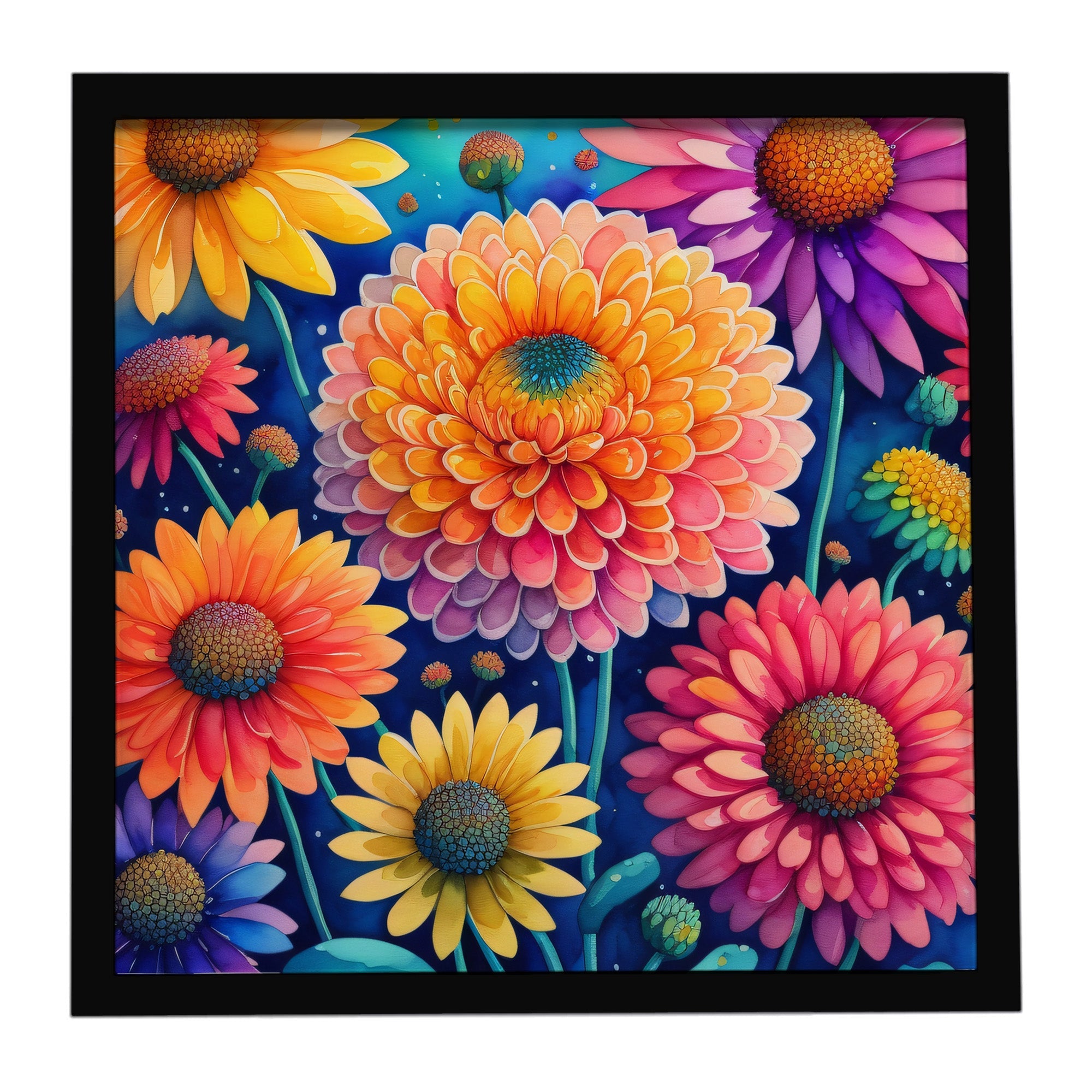 Colorful Chrysanthemums Framed Metal Print Bathroom, Kitchen, Office, Home Decor Wall Art Ready to Hang, Square, 8X8