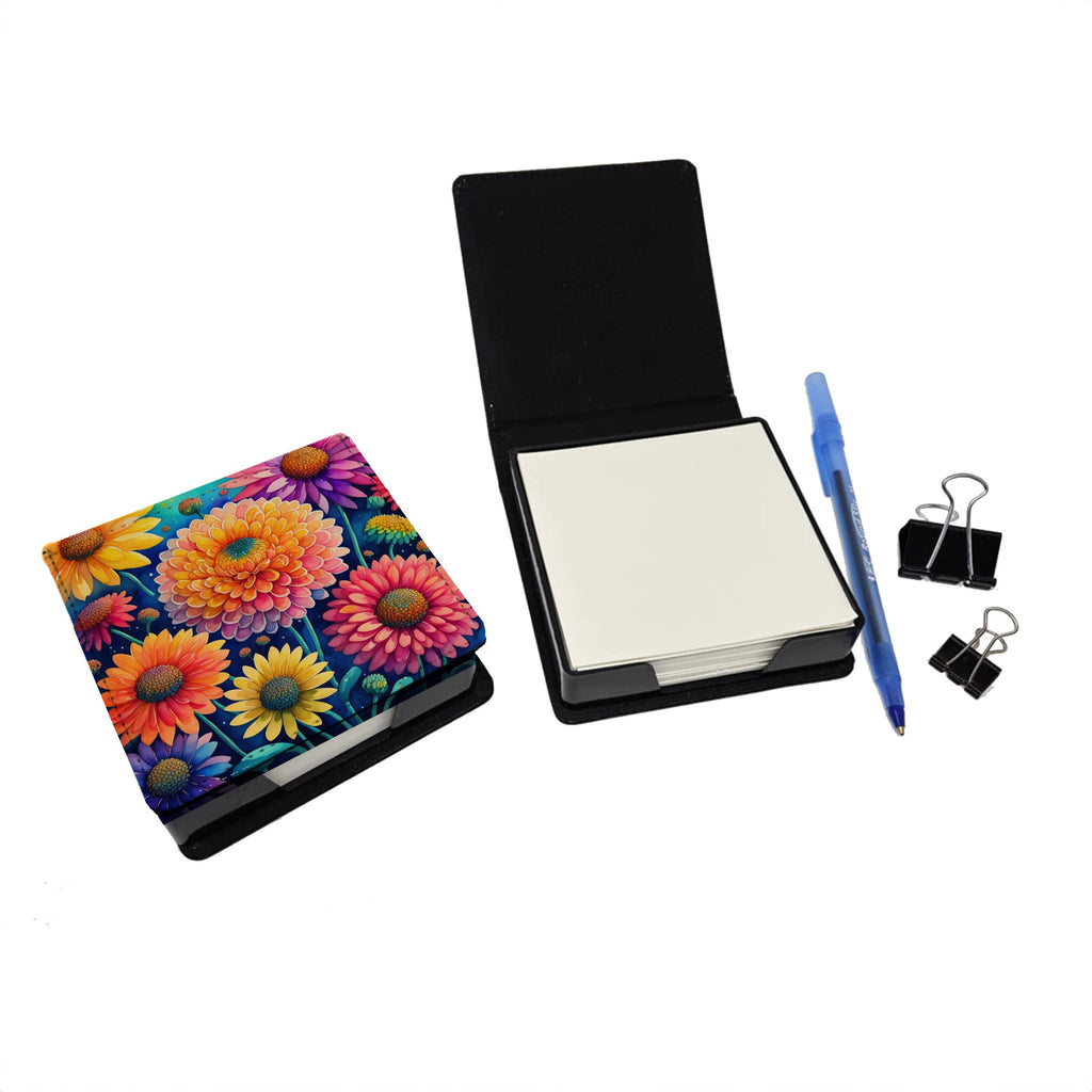 Colorful Chrysanthemums PU Leather Note Paper Holder with Artist-Designed Cover, Desk Accessory, Office Gift