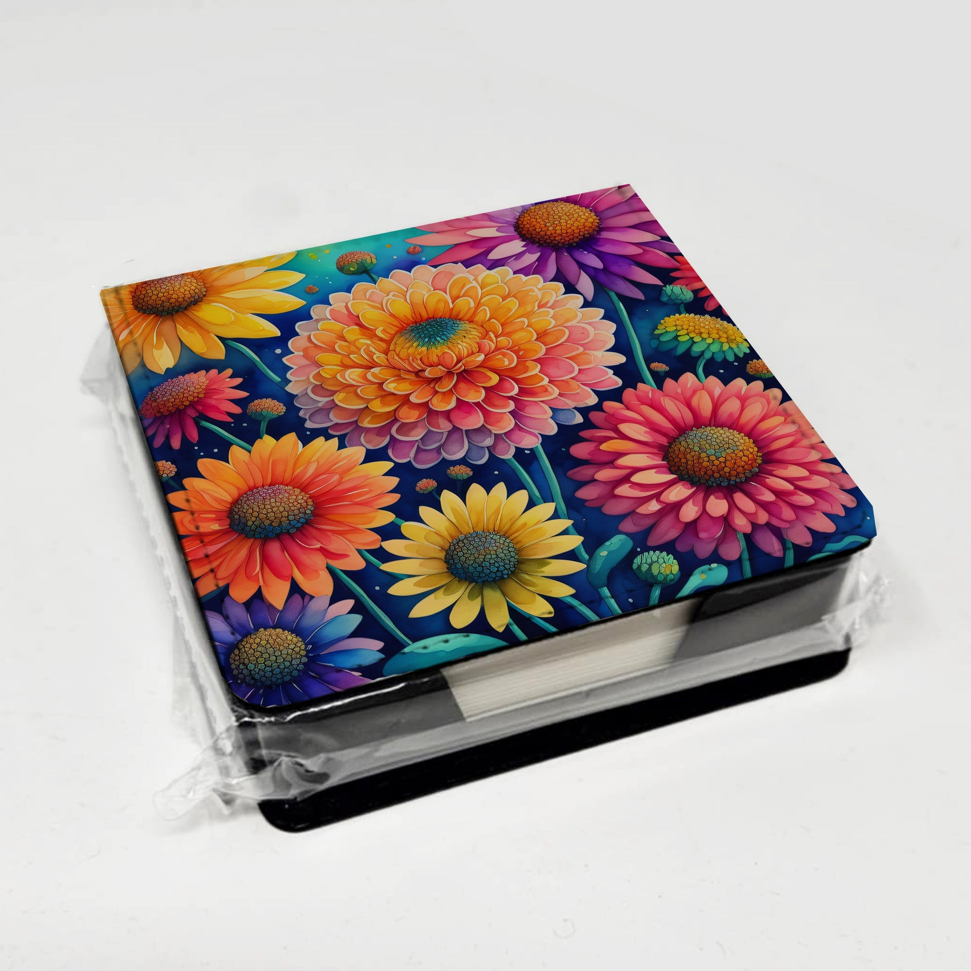 Colorful Chrysanthemums PU Leather Note Paper Holder with Artist-Designed Cover, Desk Accessory, Office Gift