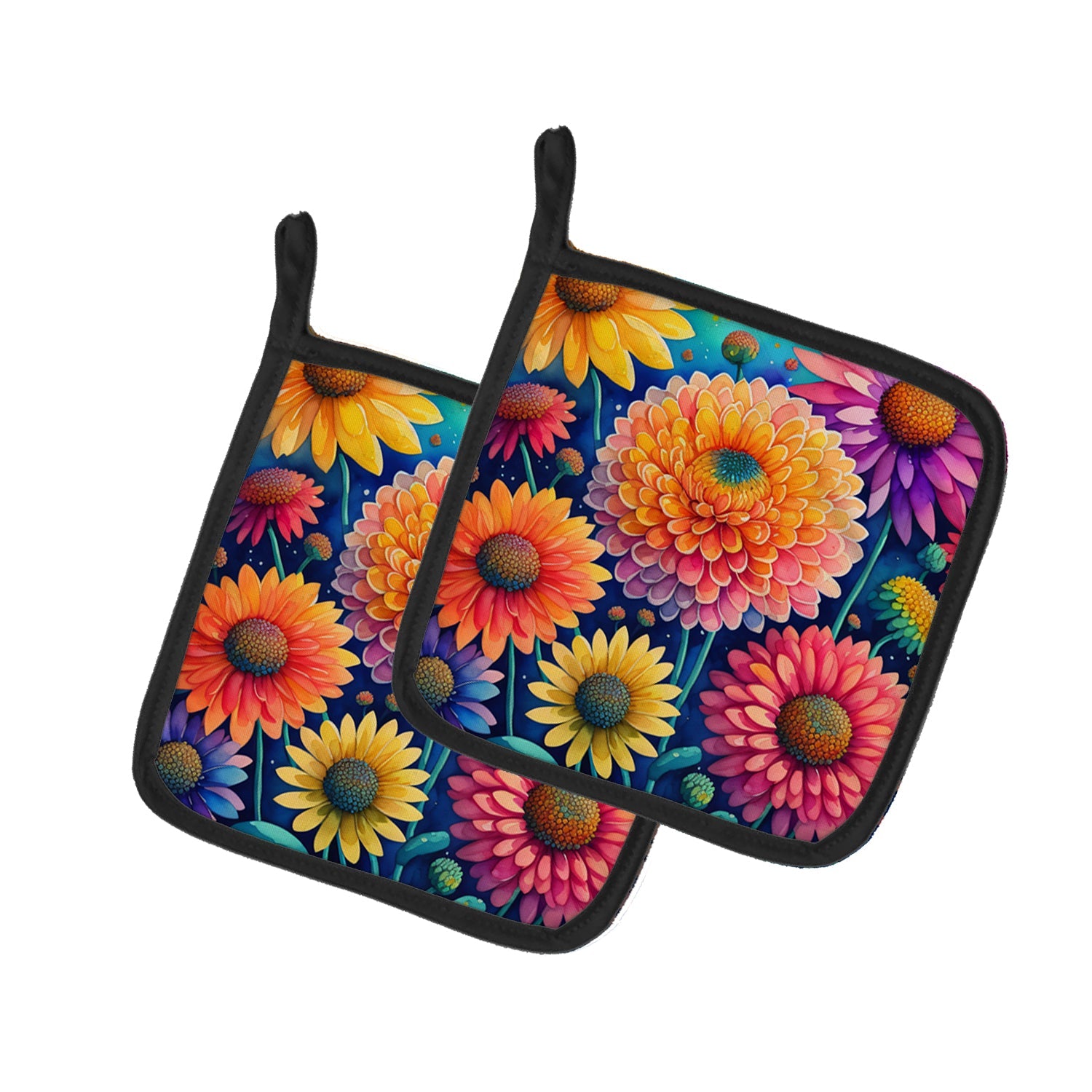 Colorful Chrysanthemums Pot Holder Set of 2 Heat Resistant Quilted Hot Pads 7.5 x 7.5 Inch, Insulated Kitchen Trivets for Cooking & Baking