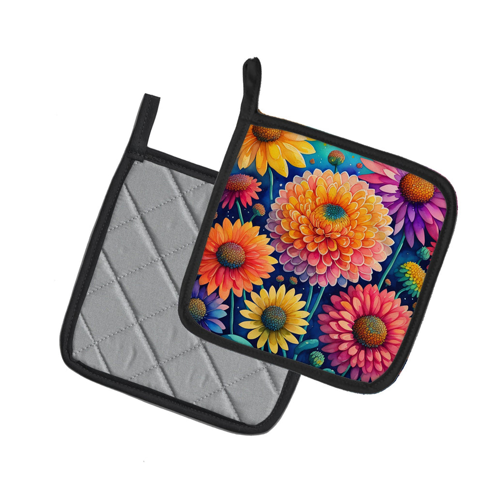 Colorful Chrysanthemums Pot Holder Set of 2 Heat Resistant Quilted Hot Pads 7.5 x 7.5 Inch, Insulated Kitchen Trivets for Cooking & Baking
