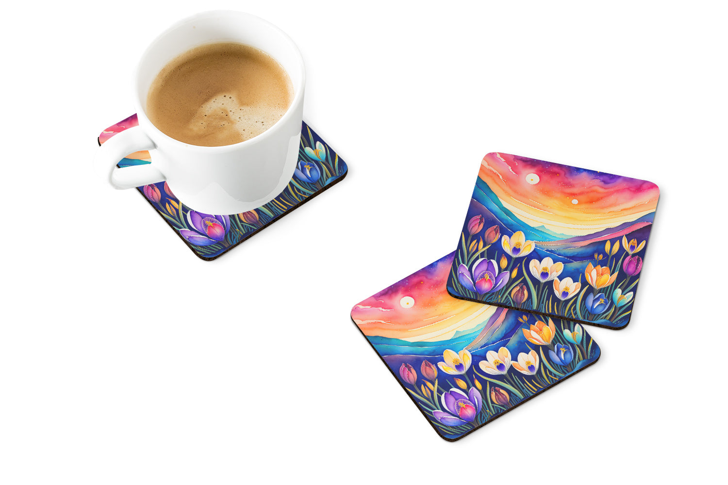 Colorful Crocus Foam Coasters Set of 4 Cup Coasters for Indoor Outdoor, Tabletop Protection, Anti Slip, Mouse pad Material