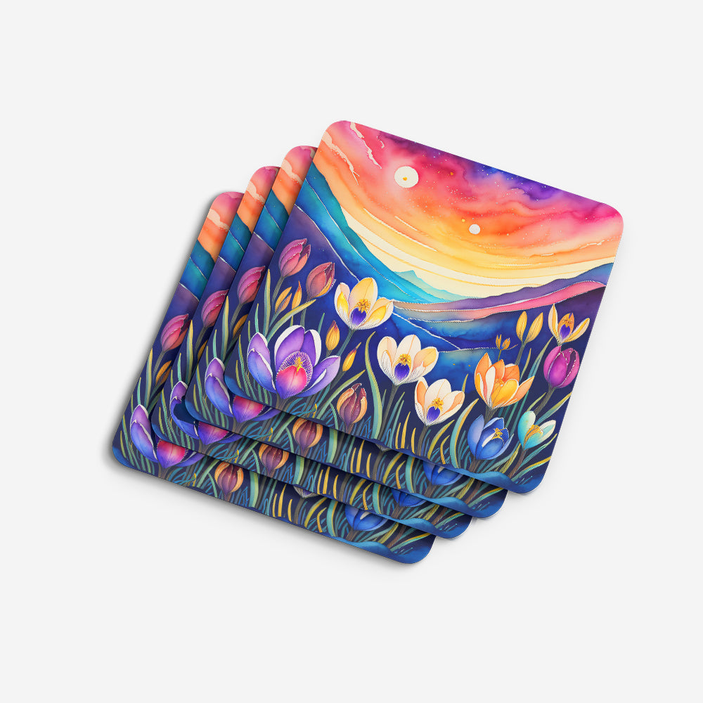 Colorful Crocus Foam Coasters Set of 4 Cup Coasters for Indoor Outdoor, Tabletop Protection, Anti Slip, Mouse pad Material