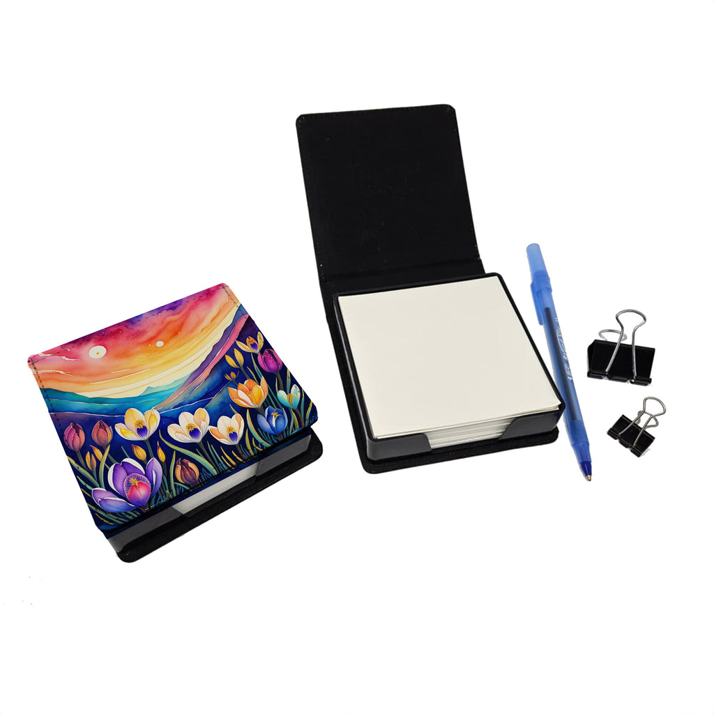 Colorful Crocus PU Leather Note Paper Holder with Artist-Designed Cover, Desk Accessory, Office Gift