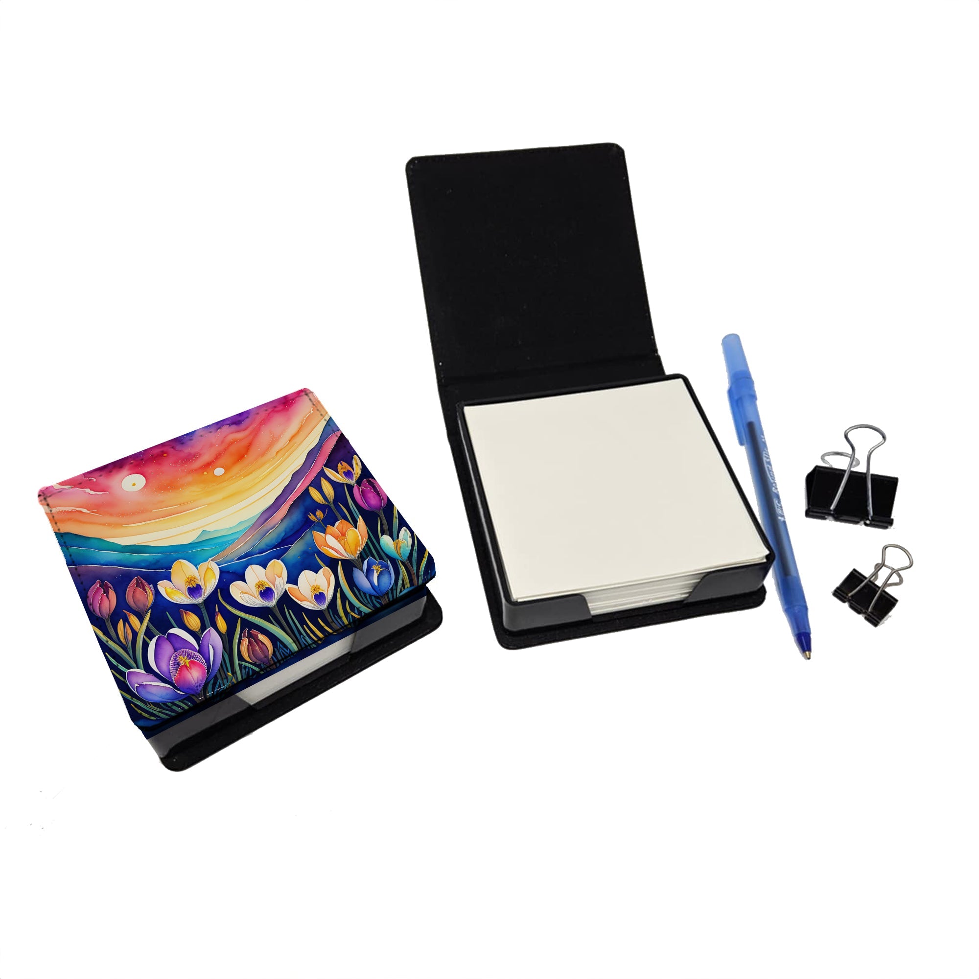 Colorful Crocus PU Leather Note Paper Holder with Artist-Designed Cover, Desk Accessory, Office Gift