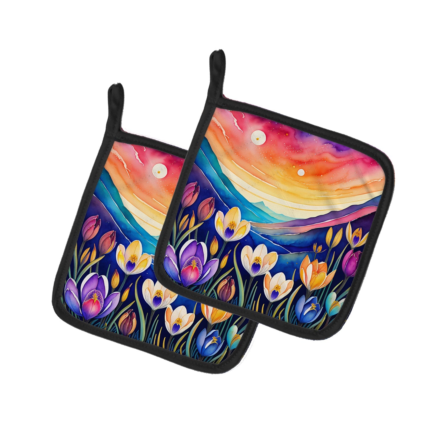Colorful Crocus Pot Holder Set of 2 Heat Resistant Quilted Hot Pads 7.5 x 7.5 Inch, Insulated Kitchen Trivets for Cooking & Baking