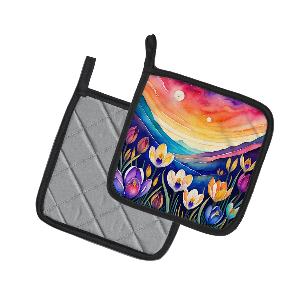 Colorful Crocus Pot Holder Set of 2 Heat Resistant Quilted Hot Pads 7.5 x 7.5 Inch, Insulated Kitchen Trivets for Cooking & Baking
