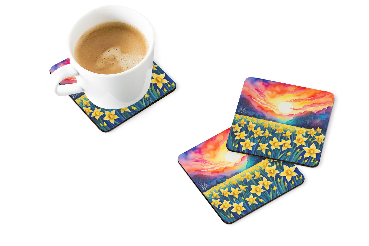 Colorful Daffodils Foam Coasters Set of 4 Cup Coasters for Indoor Outdoor, Tabletop Protection, Anti Slip, Mouse pad Material