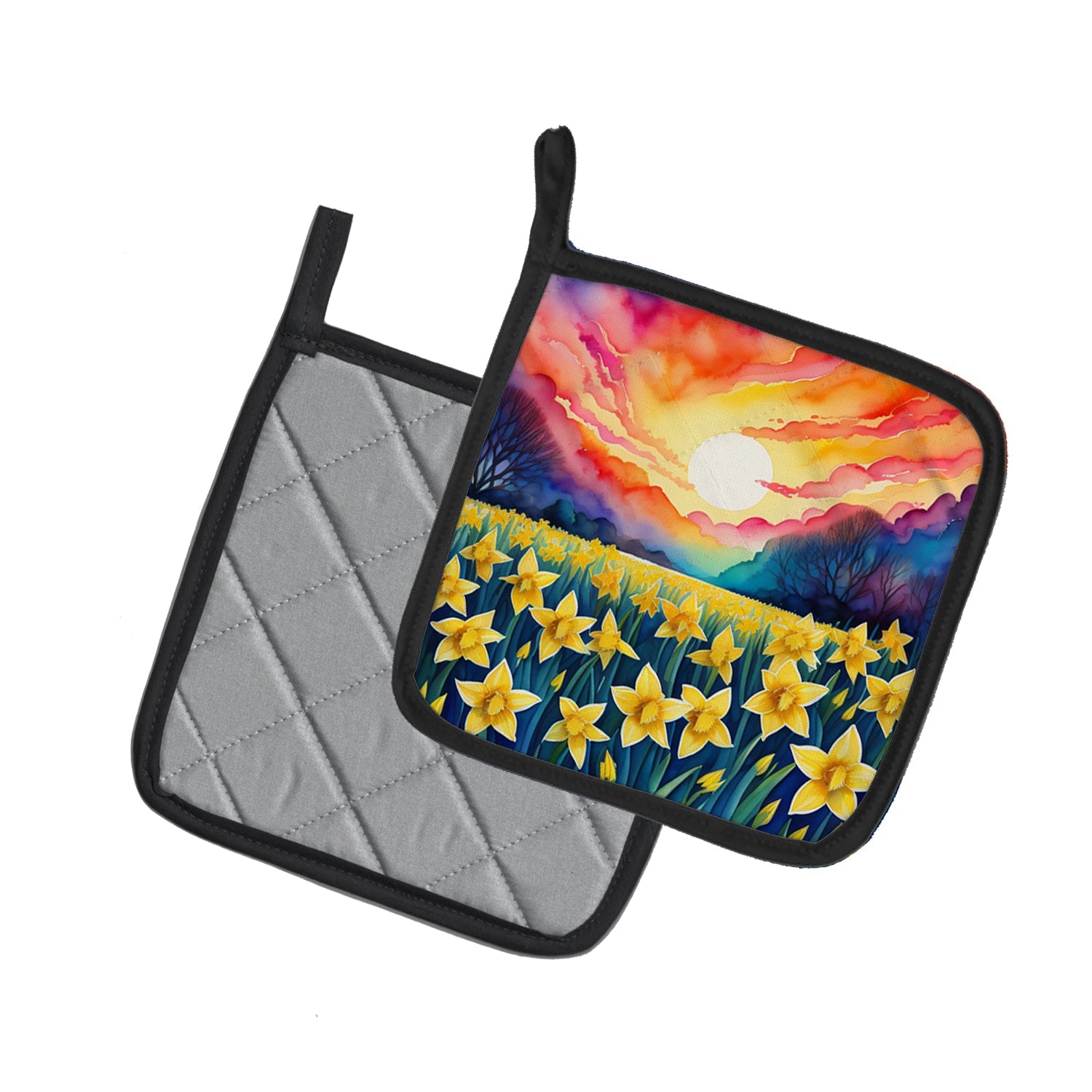 Colorful Daffodils Pot Holder Set of 2 Heat Resistant Quilted Hot Pads 7.5 x 7.5 Inch, Insulated Kitchen Trivets for Cooking & Baking