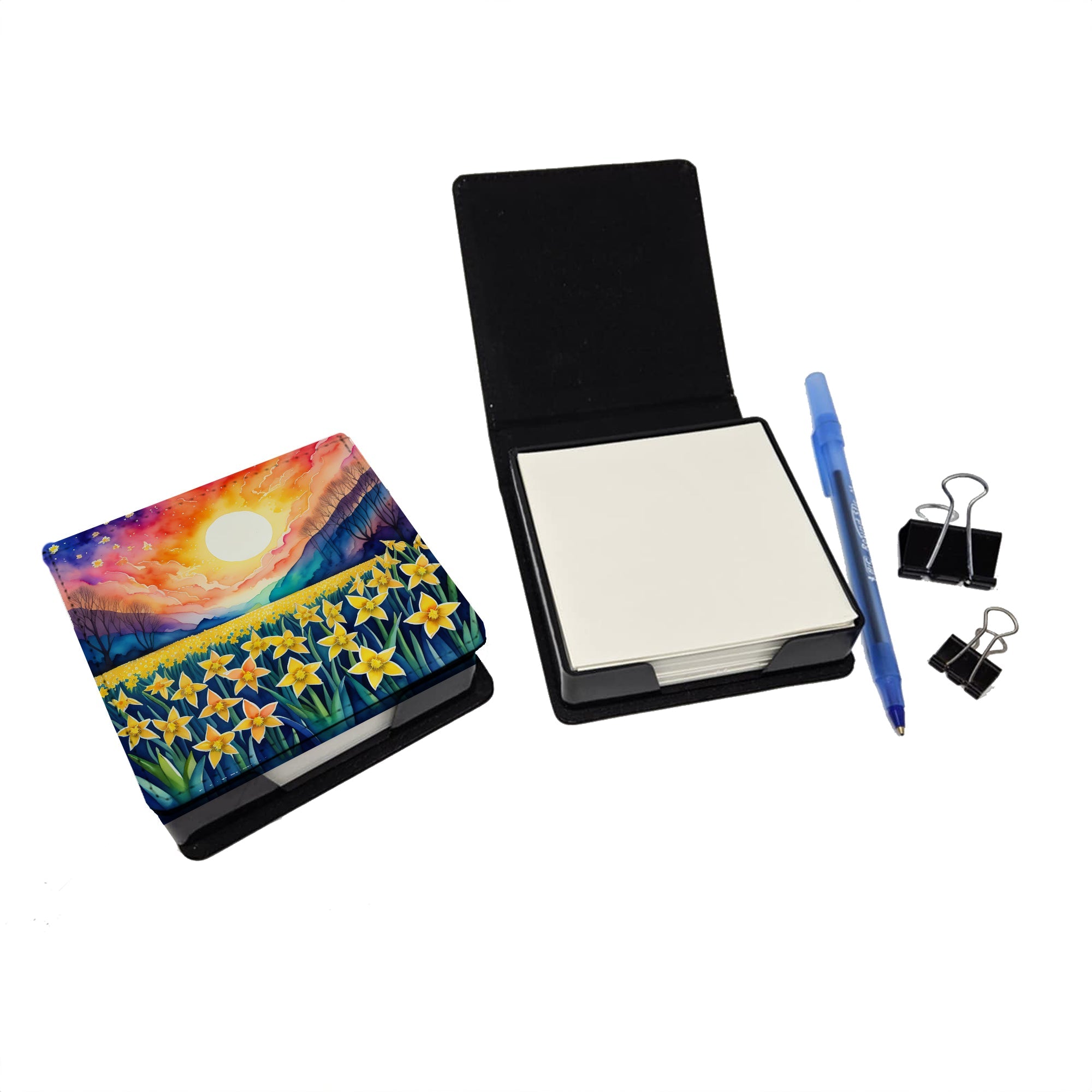 Colorful Daffodils PU Leather Note Paper Holder with Artist-Designed Cover, Desk Accessory, Office Gift