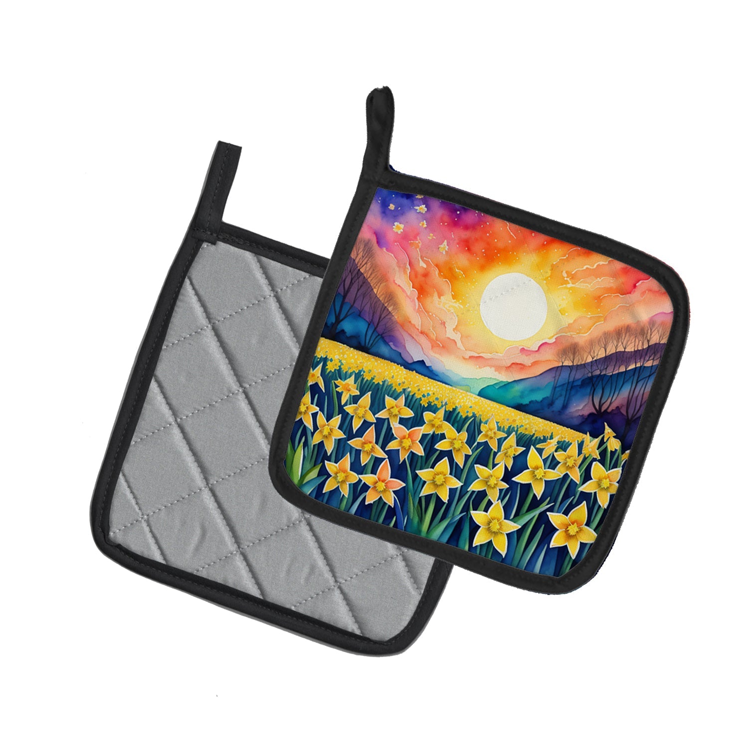 Colorful Daffodils Pot Holder Set of 2 Heat Resistant Quilted Hot Pads 7.5 x 7.5 Inch, Insulated Kitchen Trivets for Cooking & Baking