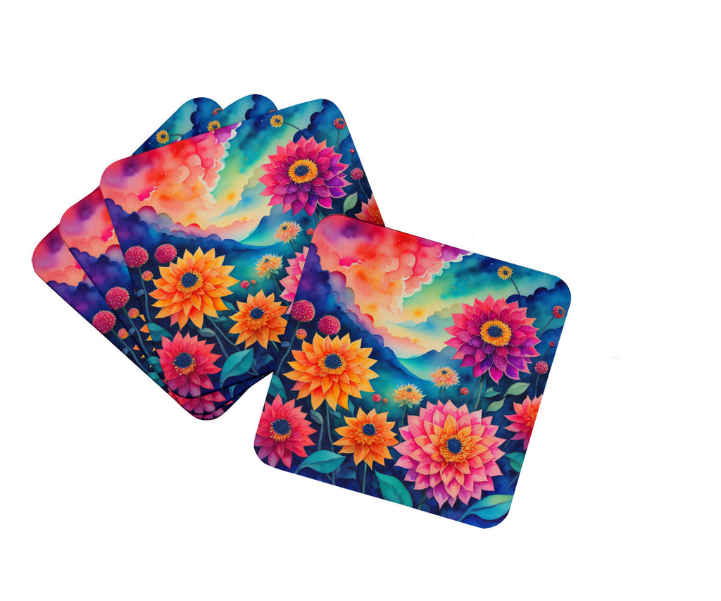 Colorful Dahlias Foam Coasters Set of 4 Cup Coasters for Indoor Outdoor, Tabletop Protection, Anti Slip, Mouse pad Material