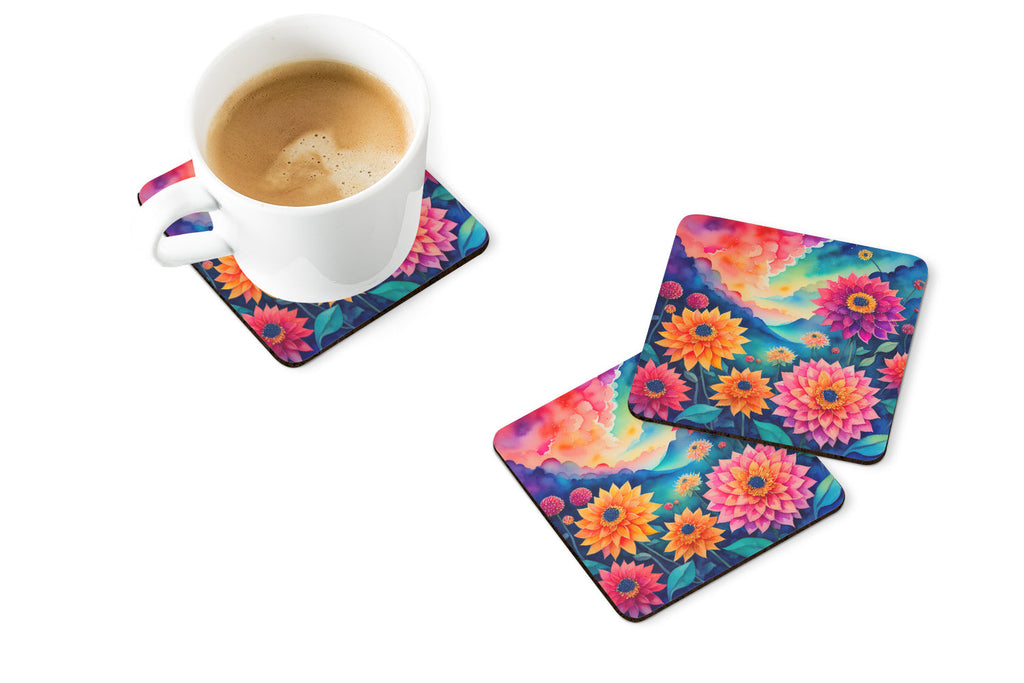 Colorful Dahlias Foam Coasters Set of 4 Cup Coasters for Indoor Outdoor, Tabletop Protection, Anti Slip, Mouse pad Material