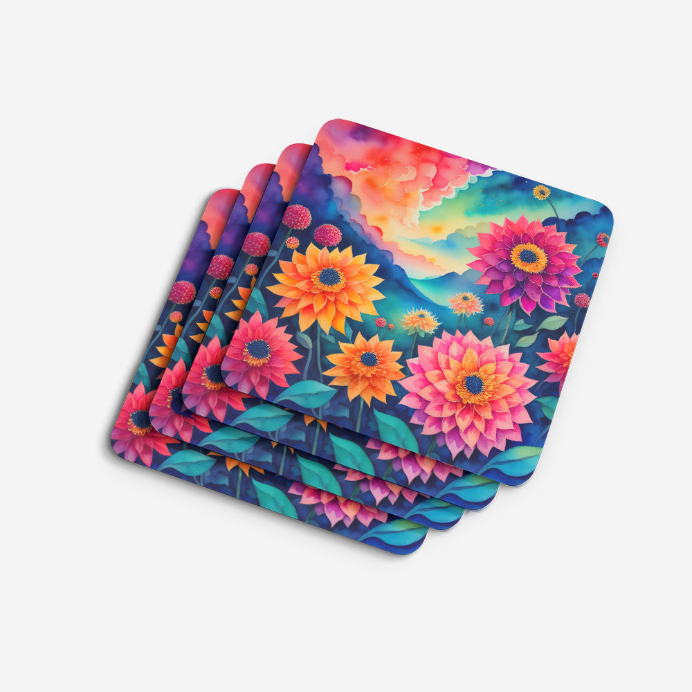 Colorful Dahlias Foam Coasters Set of 4 Cup Coasters for Indoor Outdoor, Tabletop Protection, Anti Slip, Mouse pad Material