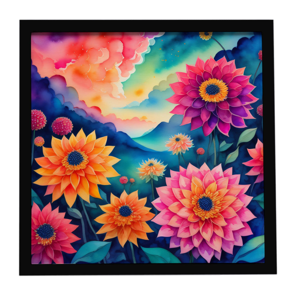 Colorful Dahlias Framed Metal Print Bathroom, Kitchen, Office, Home Decor Wall Art Ready to Hang, Square, 8X8