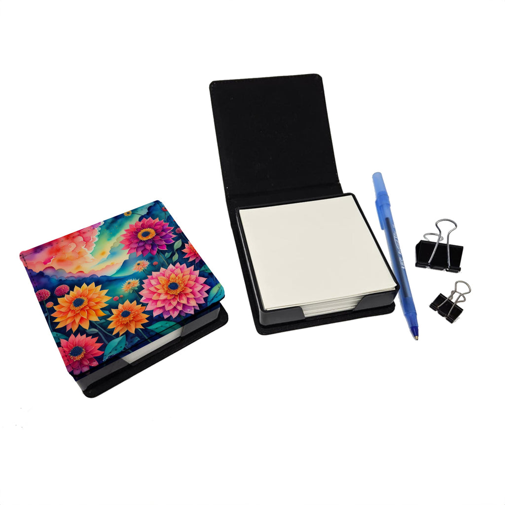 Colorful Dahlias PU Leather Note Paper Holder with Artist-Designed Cover, Desk Accessory, Office Gift