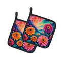 Colorful Dahlias Pot Holder Set of 2 Heat Resistant Quilted Hot Pads 7.5 x 7.5 Inch, Insulated Kitchen Trivets for Cooking & Baking