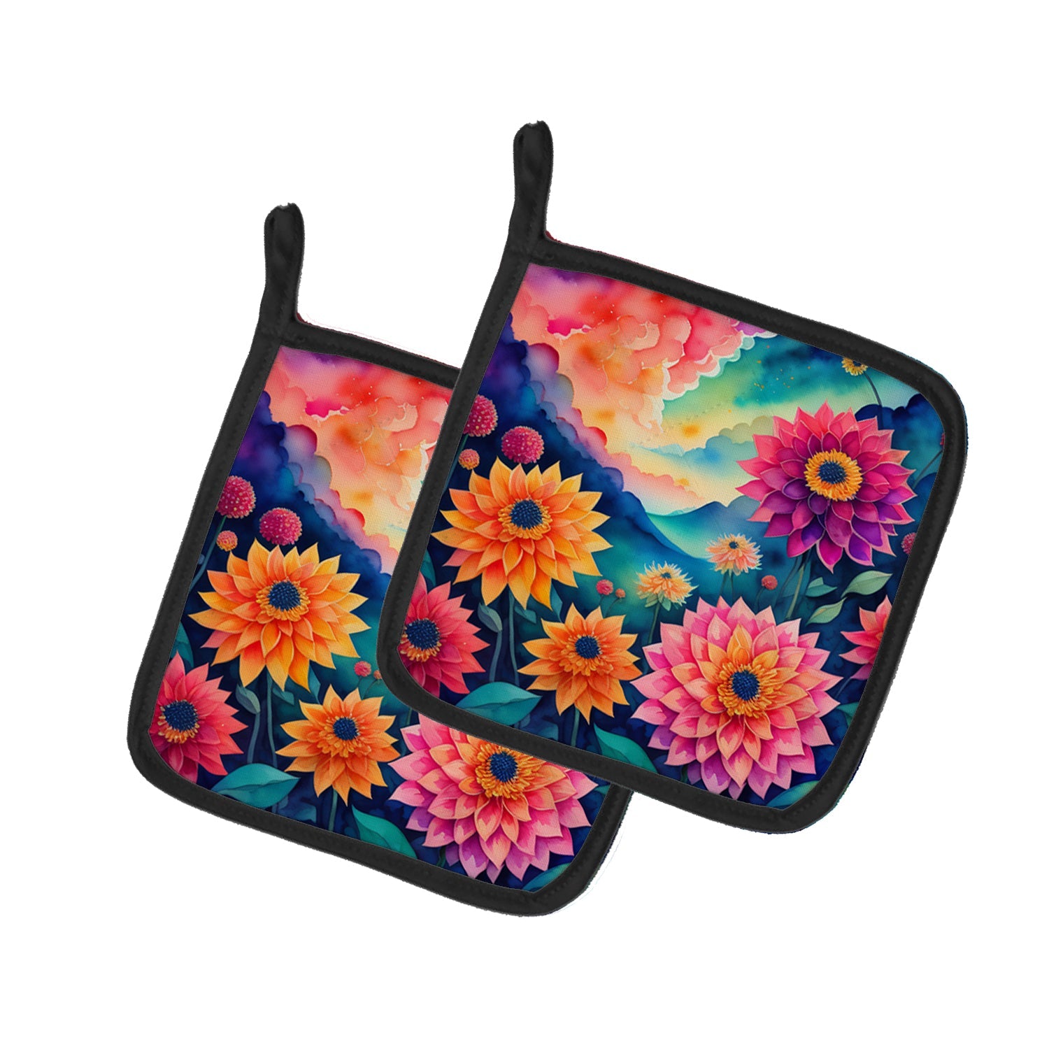 Colorful Dahlias Pot Holder Set of 2 Heat Resistant Quilted Hot Pads 7.5 x 7.5 Inch, Insulated Kitchen Trivets for Cooking & Baking
